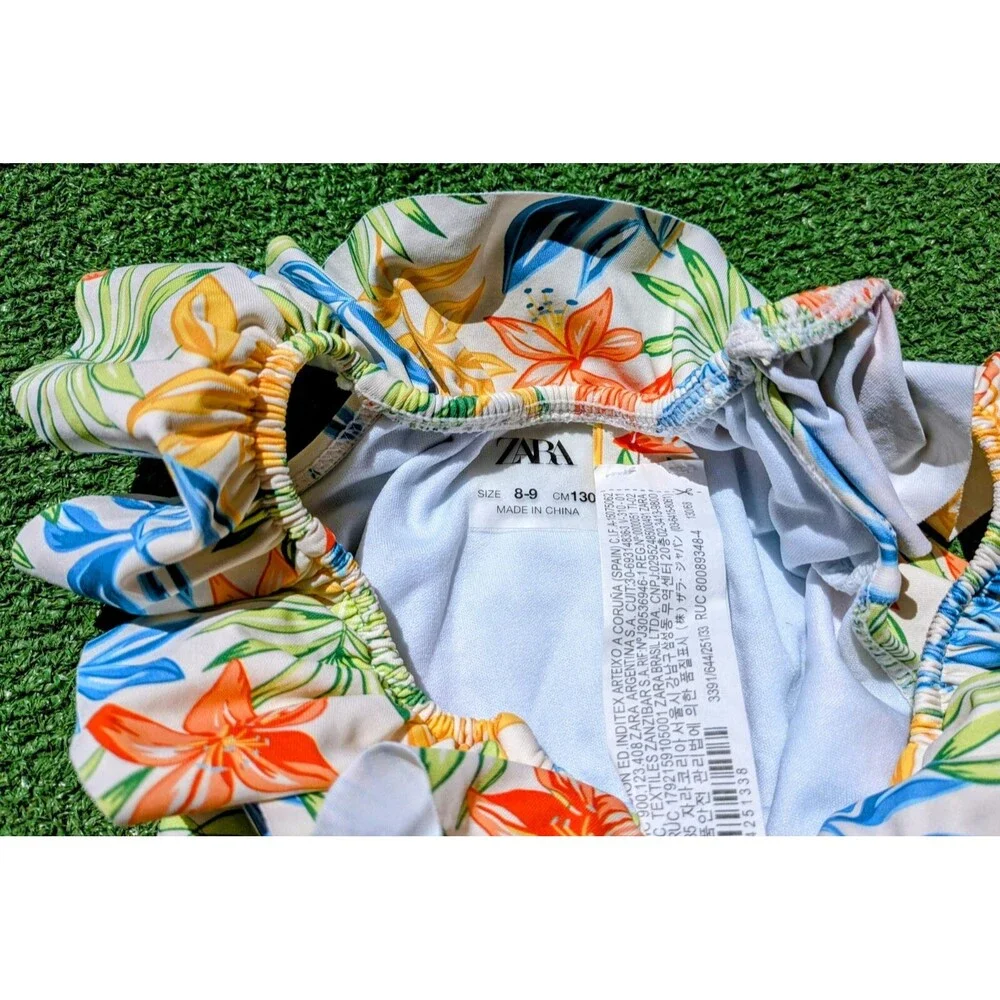 Tropical Floral Kids Zara Girls One-Piece Smocked Ruffle Swimsuit 8-9 Years EUC